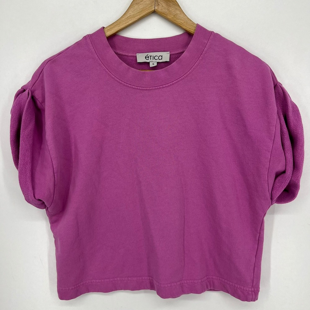Etica Magenta Pink Short Sleeve Puff Sleeve Cropped Sweatshirt Size‎ S Organic